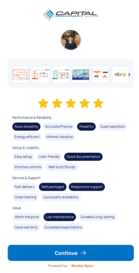 Review Spice tag selection interface showing Performance, Setup, Support, and Value categories